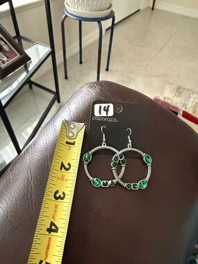 paparazzi Silver-Tone Hoop Earrings with Emerald Green Stones